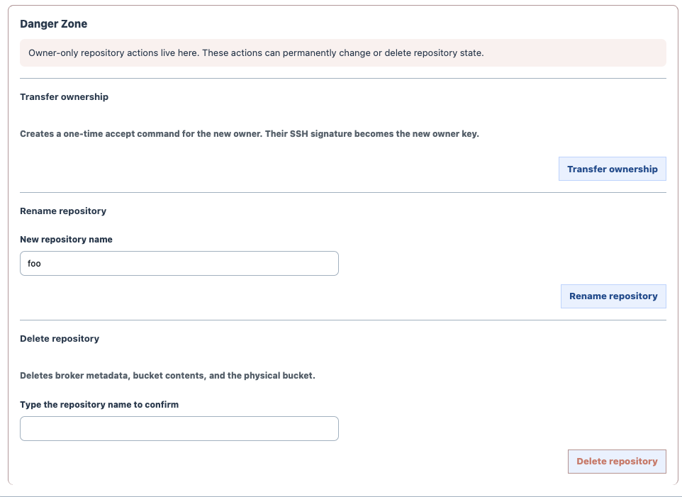 BucketGit danger zone showing owner-only transfer, rename, and delete repository controls