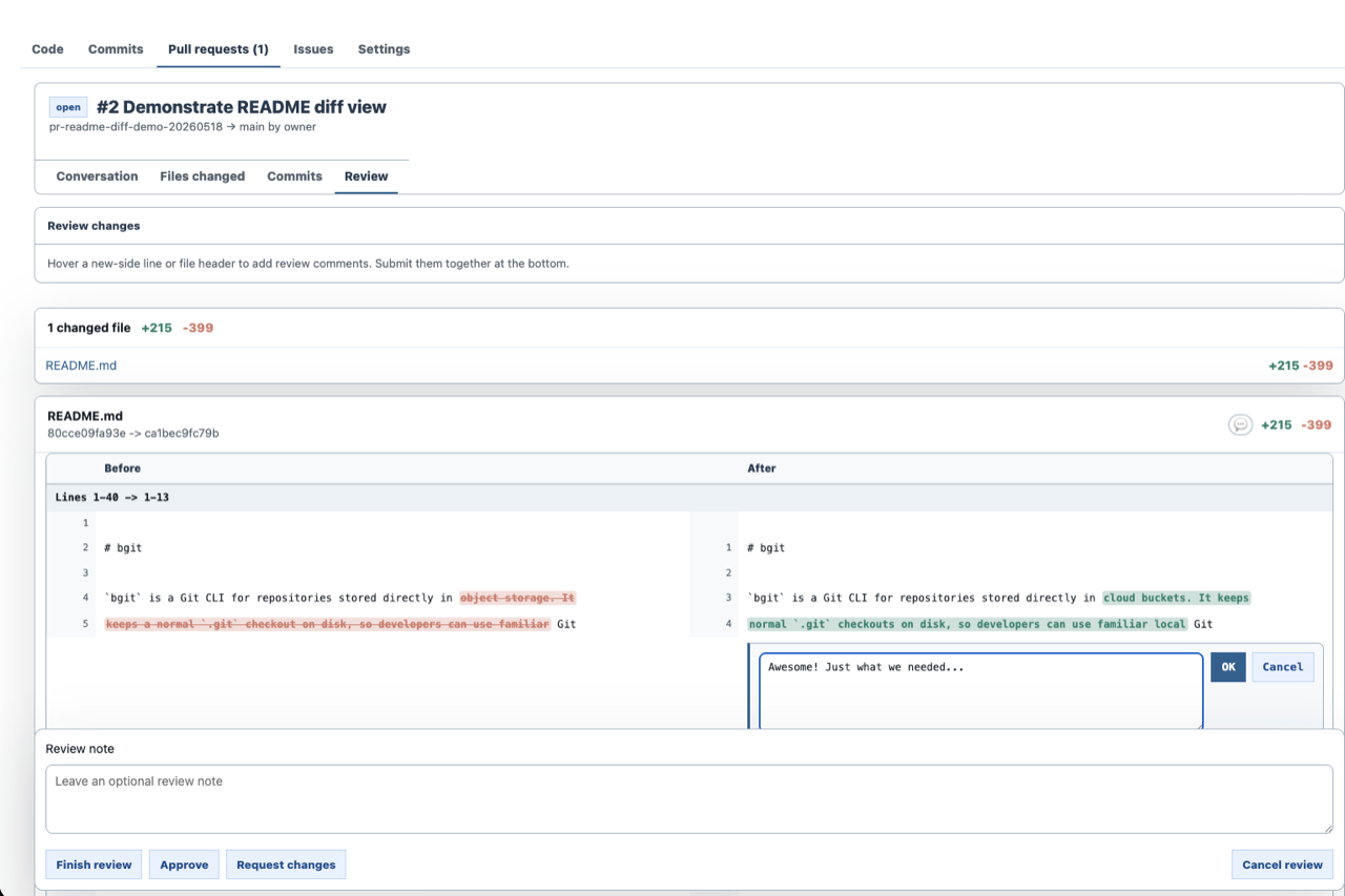 BucketGit review screen showing an inline pull request comment editor and review controls